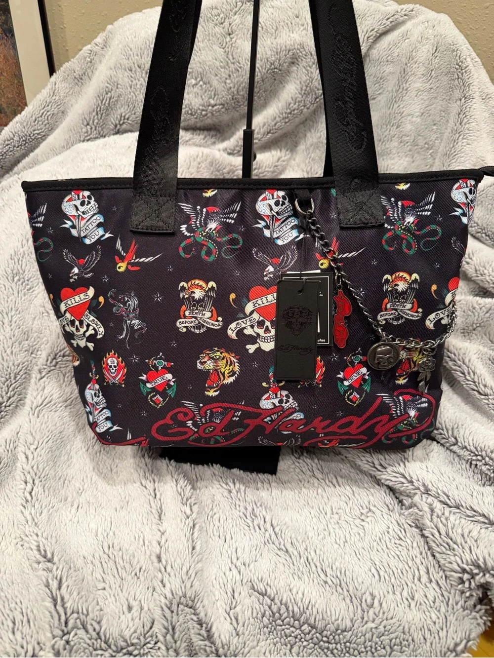 Ed Hardy “Love Kills Slowly” Tattoo Print Tote Bag NWT Black
